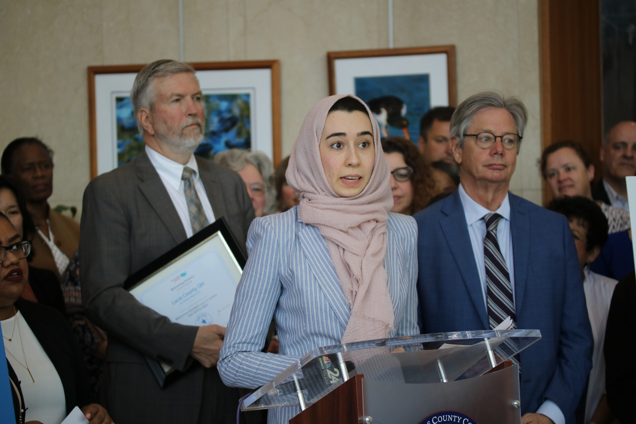 Lucas County and Welcome TLC press conference announcing Certified Welcoming designation, April 2019. Speaker Welcome TLC Co-Chair Reem Subei