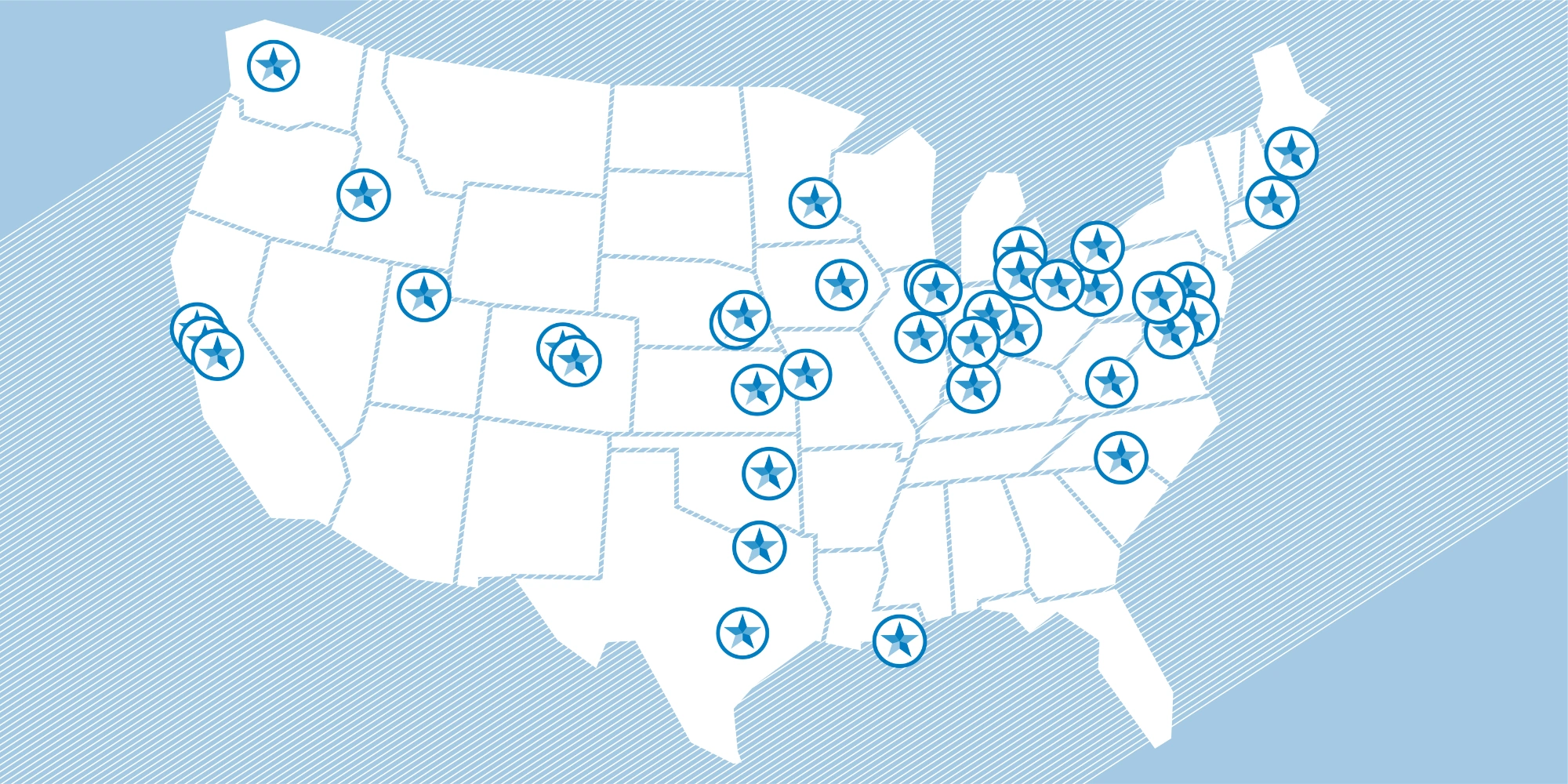 Map representing the locations of 44 Certified Welcoming places in the United States.