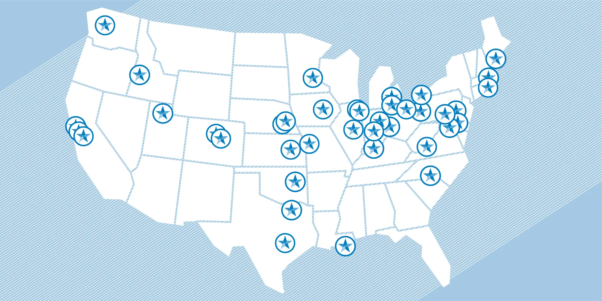 Map representing the locations of 45 Certified Welcoming places in the United States.