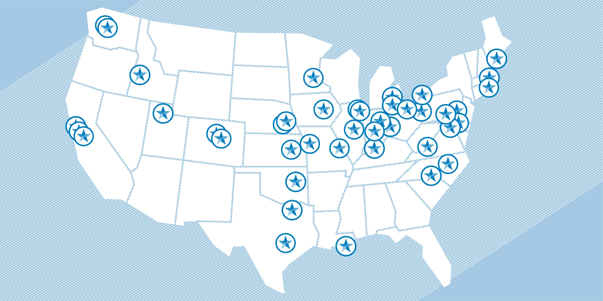 Map representing the locations of 49 Certified Welcoming places in the United States.